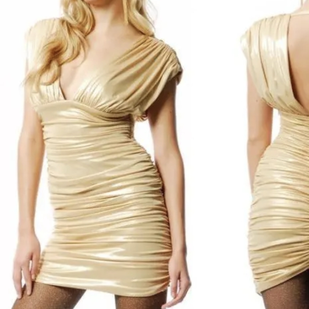 bebe Shirred Ruched Draped Gold Metallic Goddess V-Neck Evening Party Dress Sz S